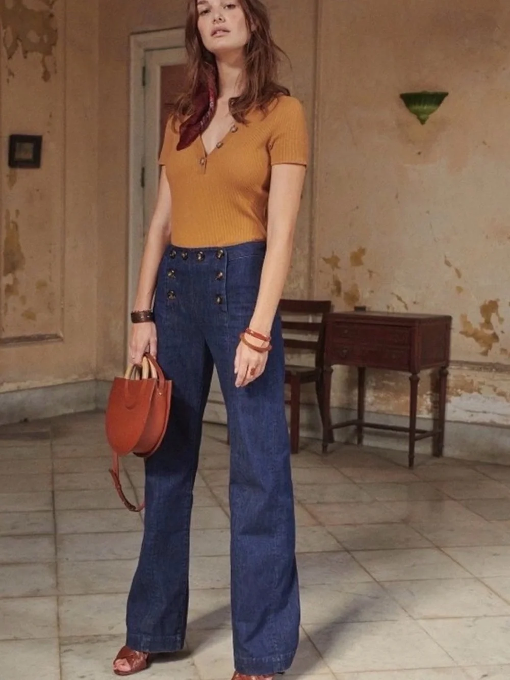 Sézane Le Parisien Jeans High Rise Sailor Wide Leg Dark Wash Denin Sz 36/4
